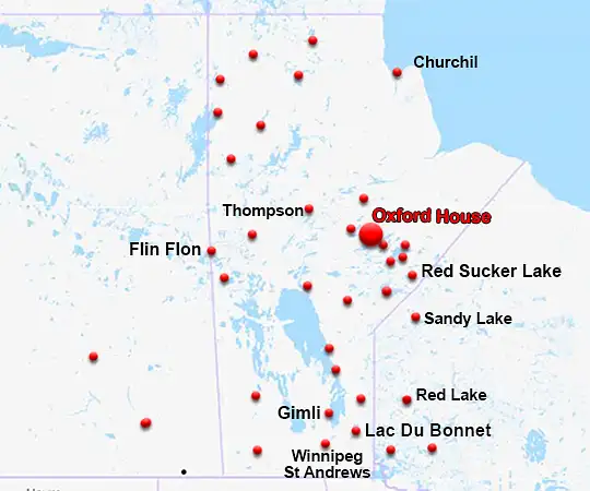 Map showing the location of Oxford House in Manitoba